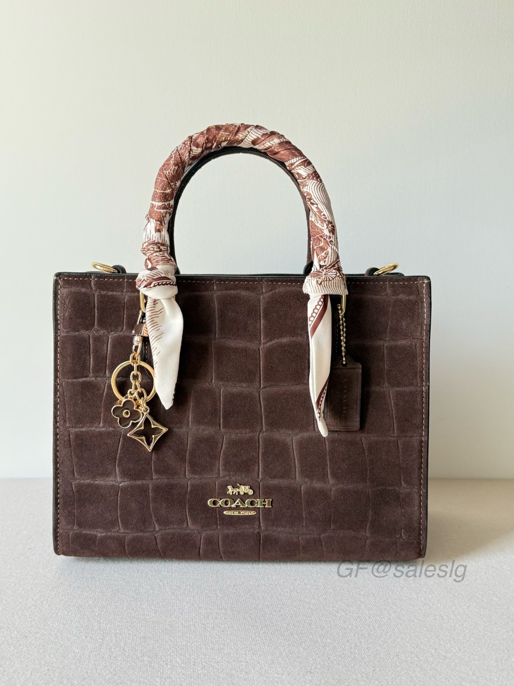 NWT Coach Maggie Small Tote Maple Brown Crocodile-Embossed Suede Bag + Scarf Set